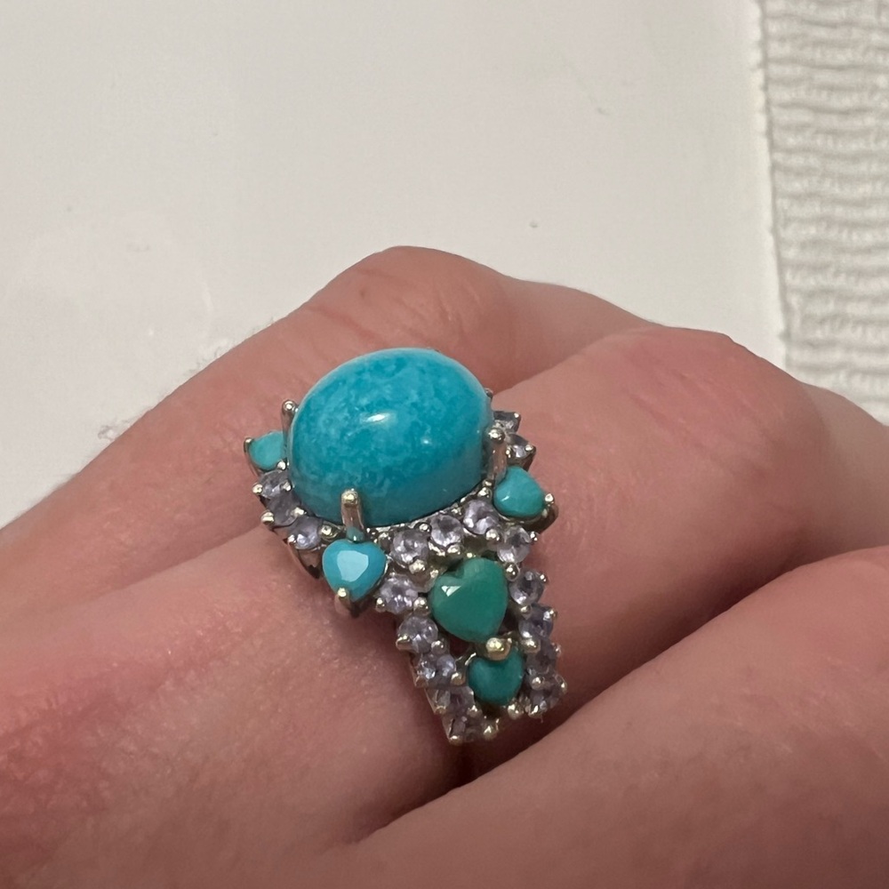 ESTATE SOLID PLUMB 14K WHITE GOLD W TURQUOISE, DIAMOND COCKTAIL RING S 8 EUC - Picture 8 of 8